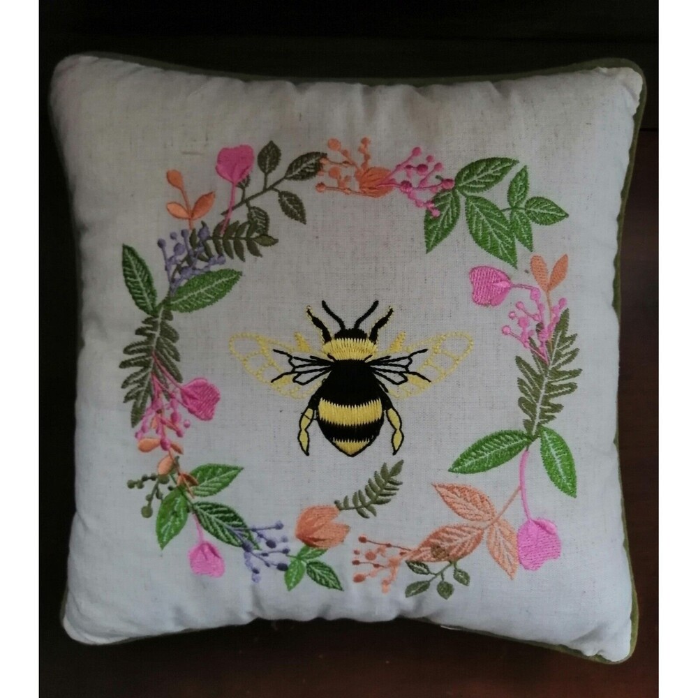Embroidered Bumle Bee Flowers Pillow French Country Cottagcore 12" x 12"